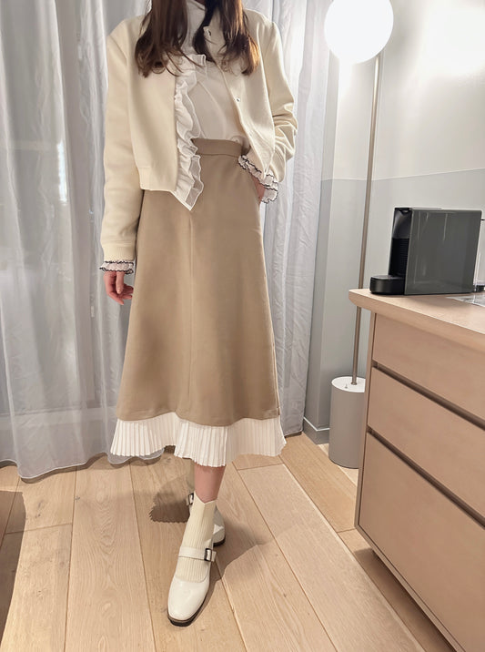 Patchy - Camel Woolen Midi-Skirt with White Pleated Trim