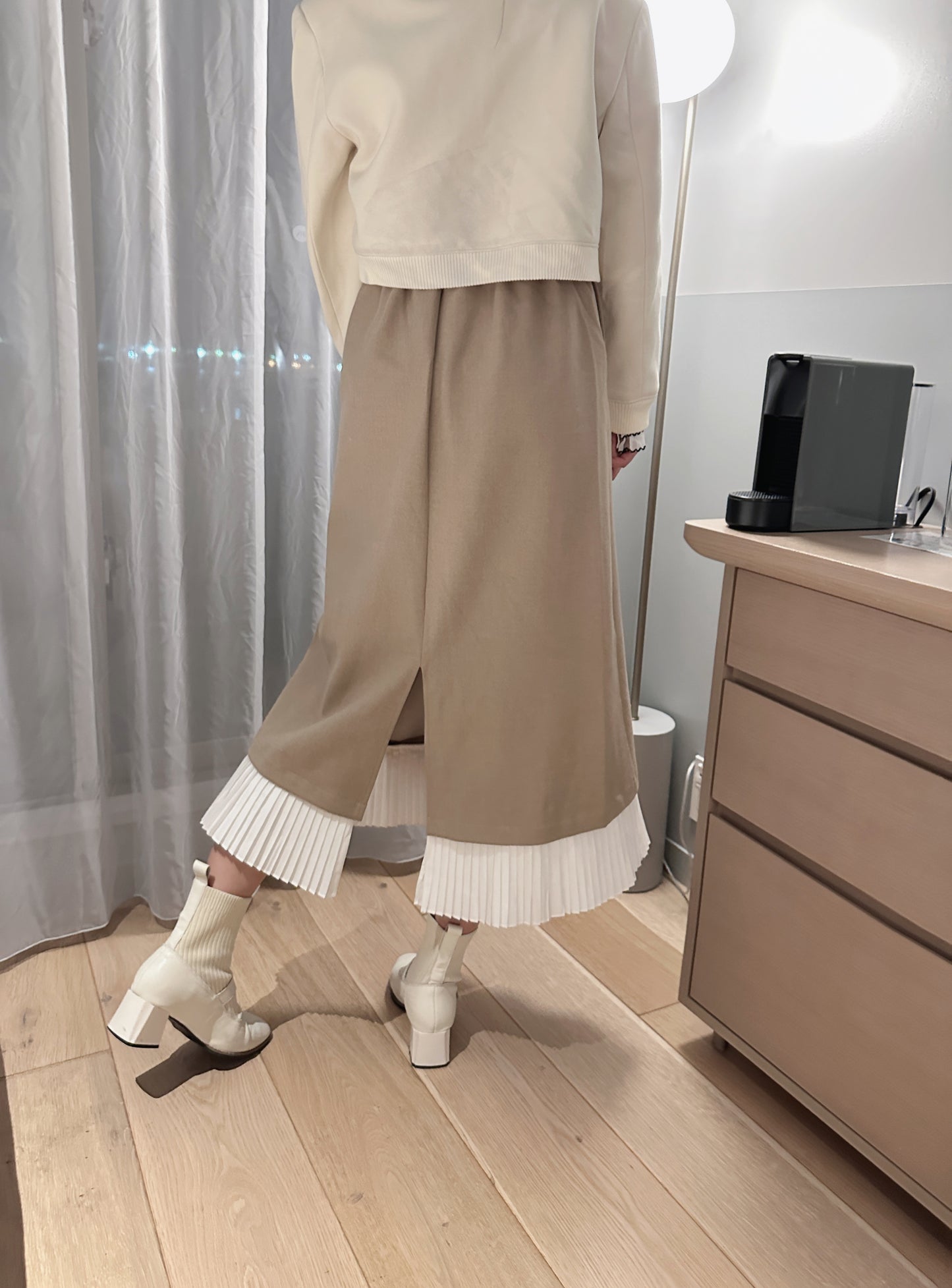 Patchy - Camel Woolen Midi-Skirt with White Pleated Trim