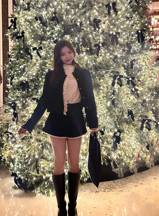 Patchy - Black Suede Bomber Jacket with White Velvet Ruffle Trim