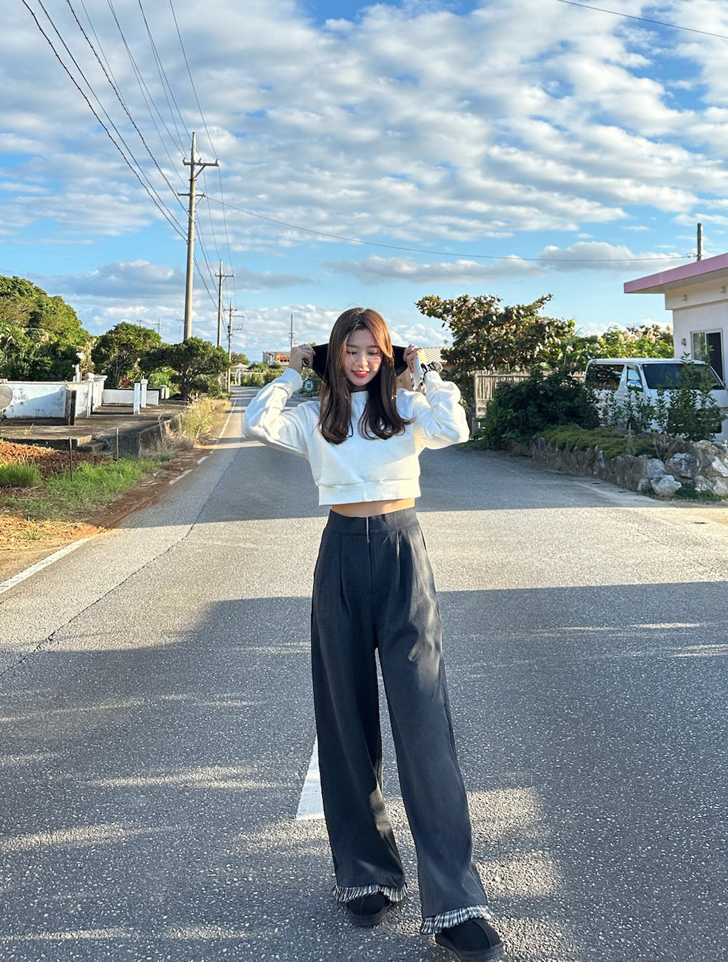Patchy - Woolen Wide-Leg Pants with Grey Checked Trim
