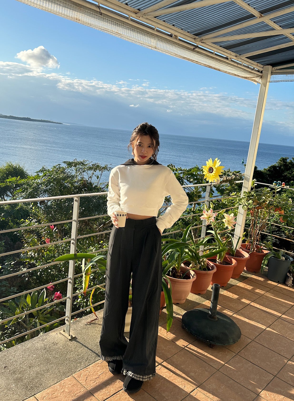 Patchy - Woolen Wide-Leg Pants with Grey Checked Trim