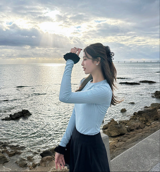 Patchy - Blue Ribbed Long-sleeve Top With Black Velvet Trim