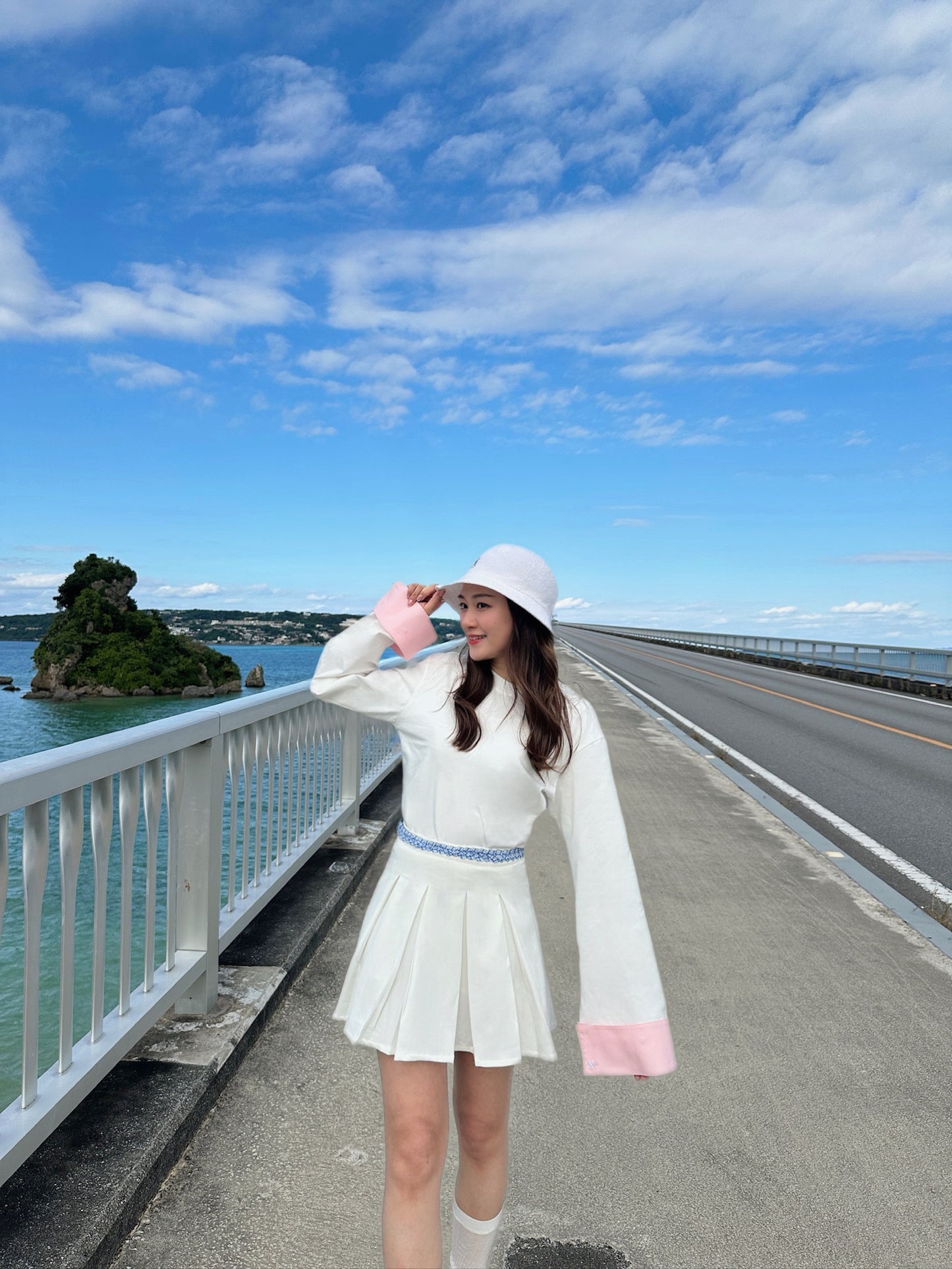 Patchy - White Pleated Mini Skirt with Blue and White Plaid Twisted Strap