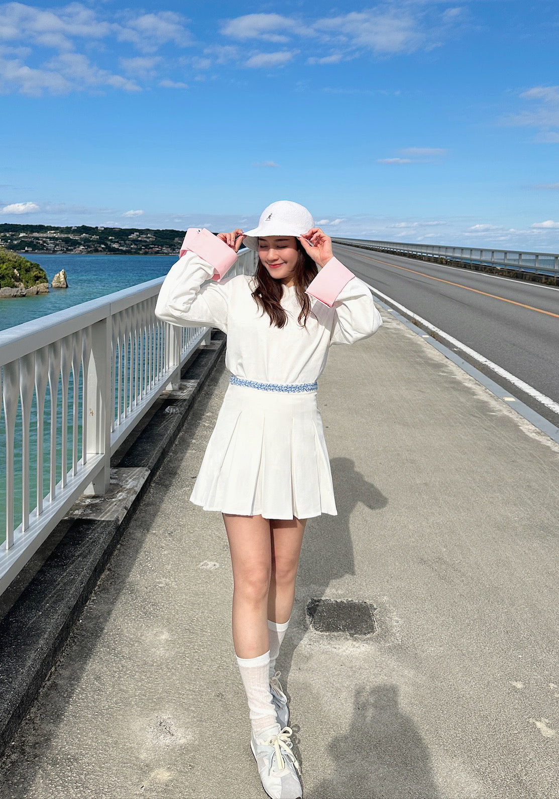 Patchy - White Pleated Mini Skirt with Blue and White Plaid Twisted Strap
