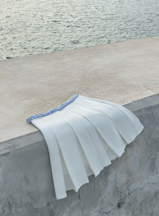 Patchy - White Pleated Mini Skirt with Blue and White Plaid Twisted Strap