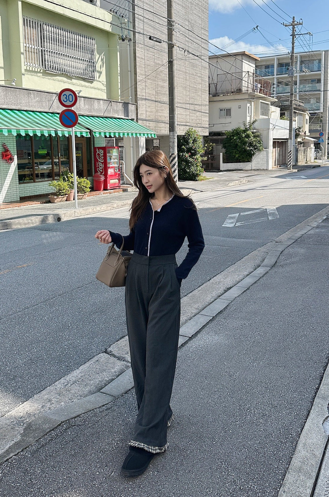 Patchy - Woolen Wide-Leg Pants with Grey Campus Style Checked Trim