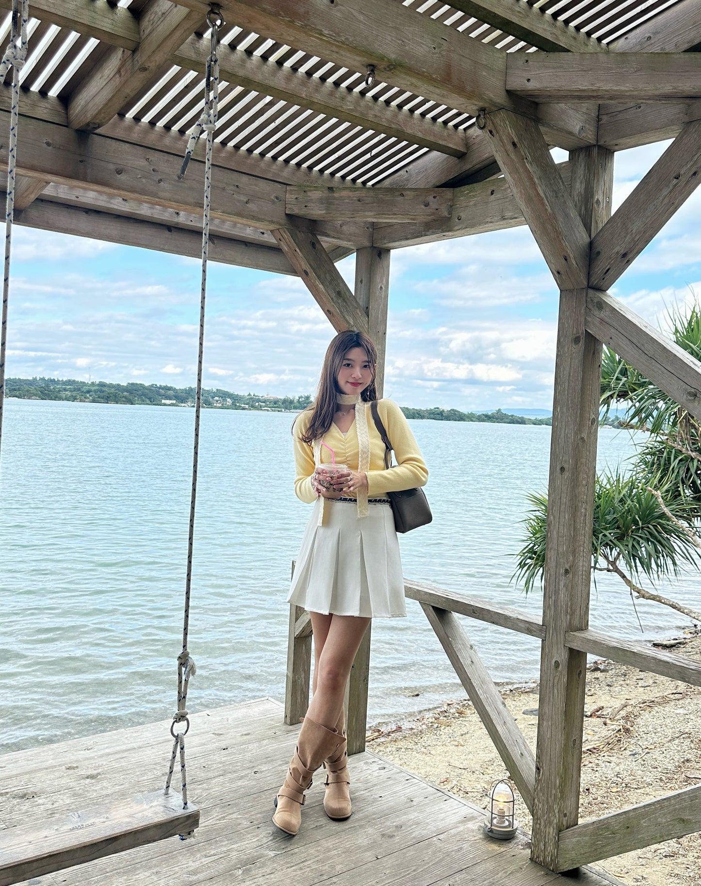 Patchy - White Pleated Mini Skirt with Denim Strap