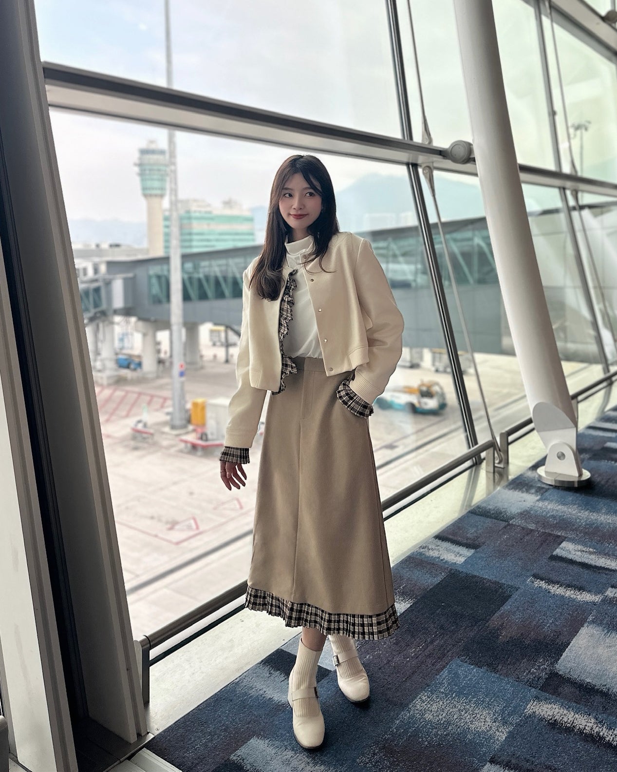 Patchy - Woolen Midi-skirt with Brown Checked Trim