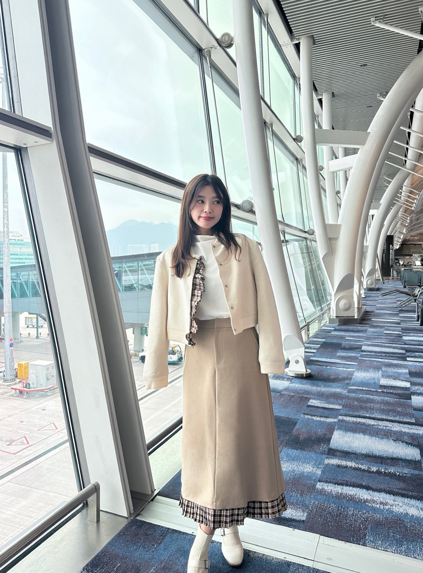 Patchy - Woolen Midi-skirt with Brown Checked Trim
