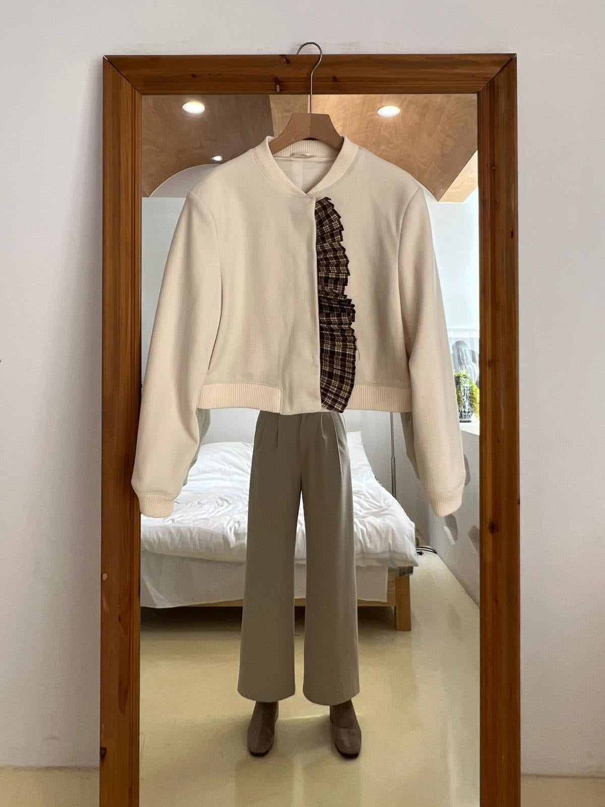 Patchy - Beige Suede Bomber Jacket with Pleated Brown Checked Trim